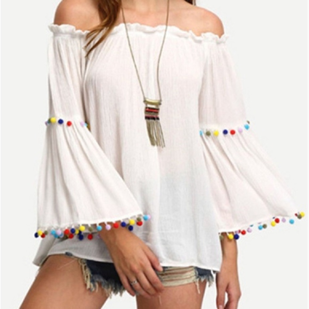 Off the Shoulder White Blouse Pom Poms Size M BOHO EUC
